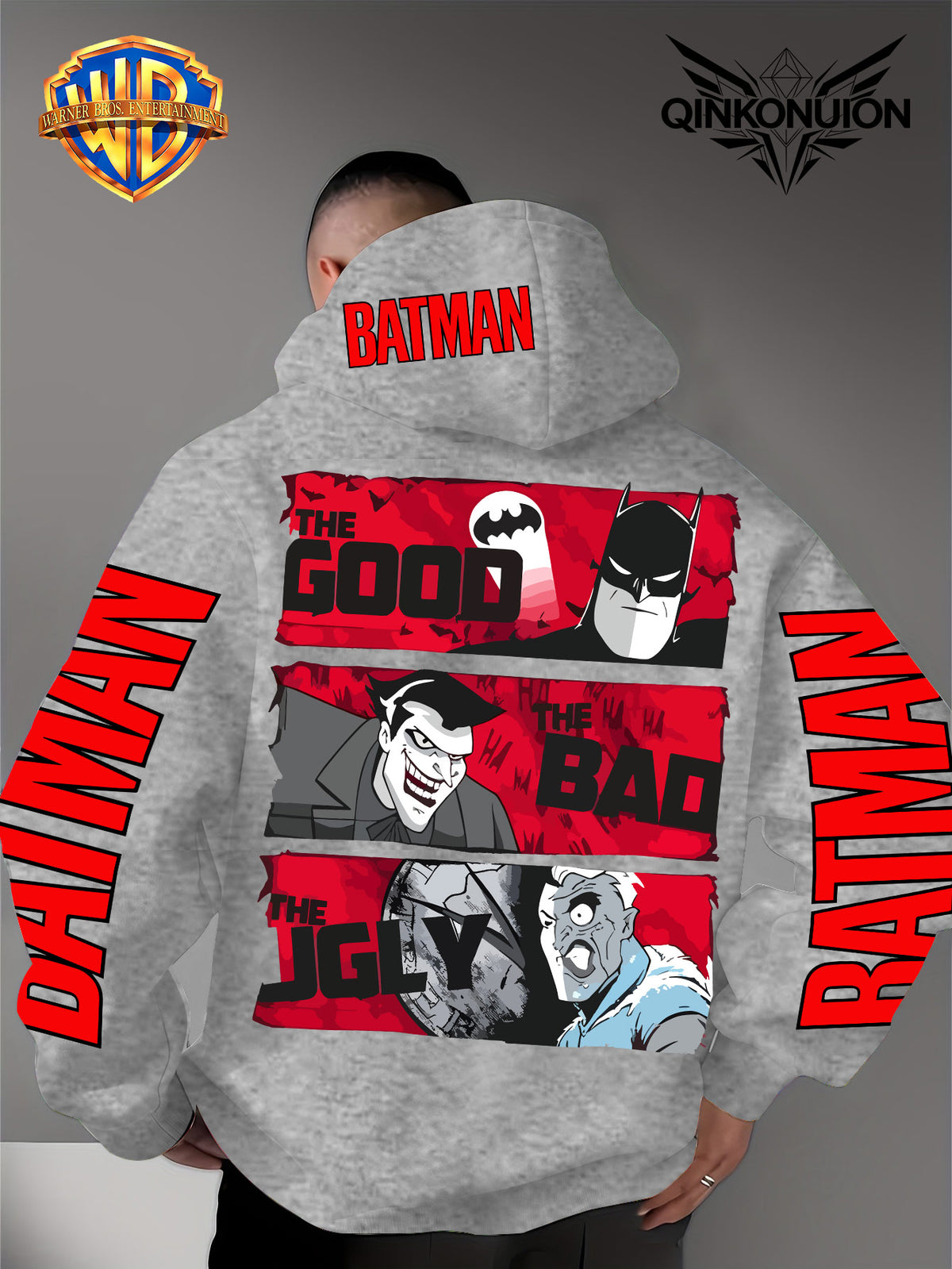 Warner Official Men's Hoodie, Red Bottom Three Grid Comic Batman Joker  Character Print Design, Machine Washable, Warm and Casual for Autumn and Winter, Daily Drawstring Hoodie, Multi Functional Sports and Leisure Loose Version - Light Grey