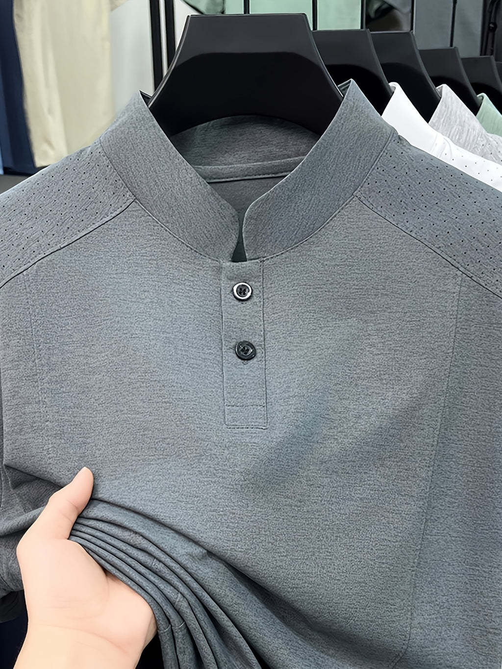 Men's Summer Short-Sleeve Stand Collar T-Shirt - Breathable Small Base Layer Shirt, Solid Color Business Casual Top Suitable for Daily Work Wear, Machine Washable & Dry Cleanable, Asymmetrical Hem - Grey