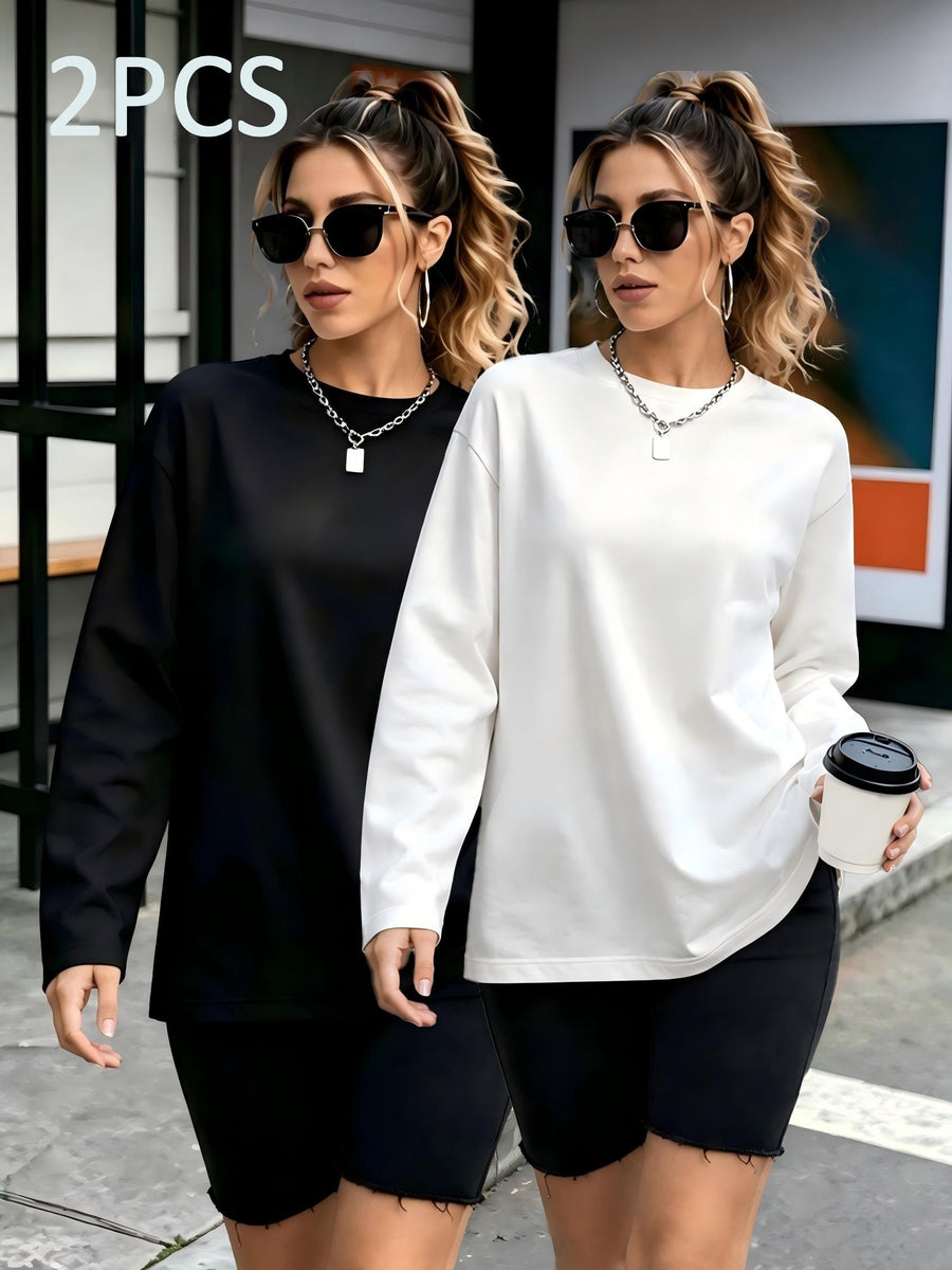 2pcs Women's Y2K Oversized Round Neck T-Shirts - Soft Loose Fit Solid Color Basic, Medium Stretch Suitable for Daily Commuting, Layering & Streetwear, Machine Washable Spring/Autumn Wardrobe - Black + White