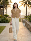 Women's Korean-style Lapel Short Sleeve Solid Color Shirt with Tie Bow - Khaki