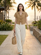 Women's Korean-style Lapel Short Sleeve Solid Color Shirt with Tie Bow - Khaki