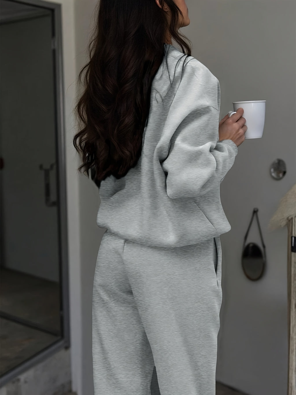 Fall Winter Fashion Women'S Casual Versatile Solid Round Neck Zip-Up Sweatshirt - Grey