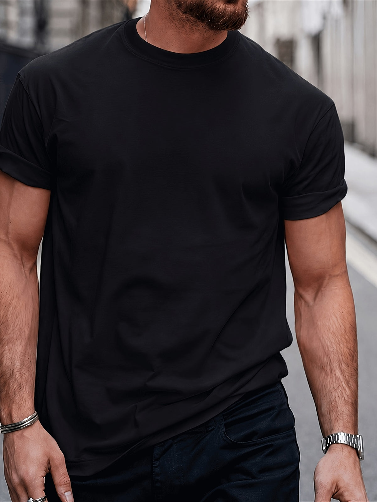 2pcs Men'S Round Neck Short Sleeve Top Set, Round Neck Solid Color Casual Versatile Style, Skin-Friendly Blend Fabric, Suitable for Casual Commuting And Home Wear - White+black