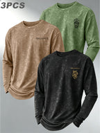 Versatile Basic 3pcs Set Distressed Long-Sleeve Men's Washed Crew Neck Daily Commute Casual Long-Sleeve Top - Black+khaki+green