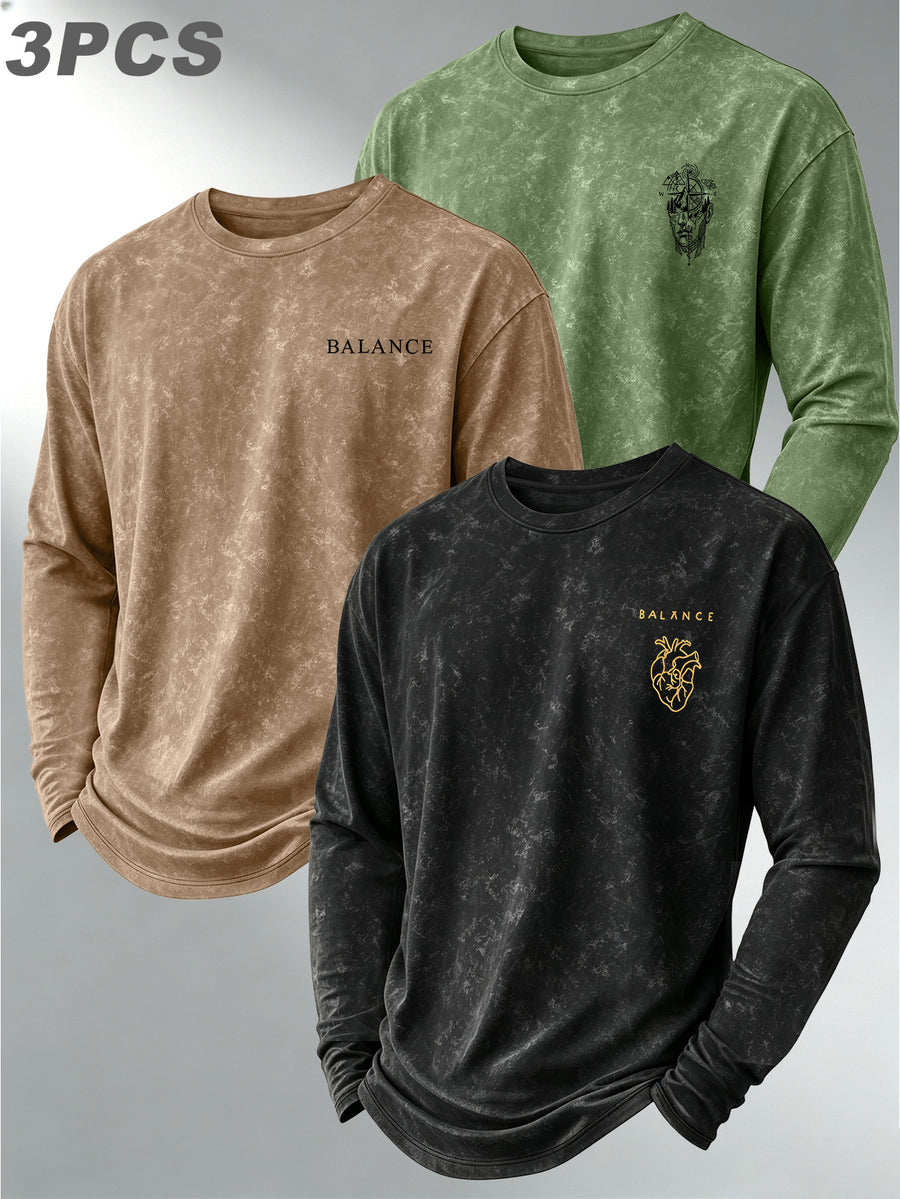 Versatile Basic 3pcs Set Distressed Long-Sleeve Men's Washed Crew Neck Daily Commute Casual Long-Sleeve Top - Black+khaki+green