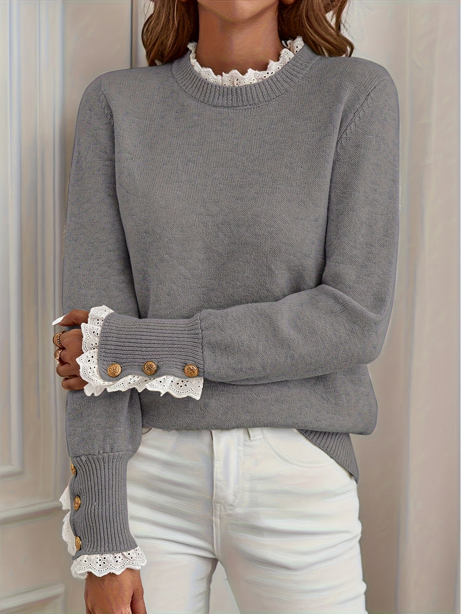 One Autumn-Winter Women's High-End Elegant Pullover with Lace Detail, Item Number ZJ1204018 - Grey