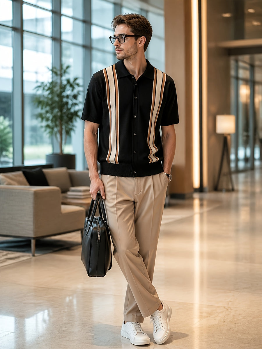Retro Color-Block Vertical Stripe Men'S Knit Cardigan, Lapel Design Casual Date Versatile Short-Sleeve Top - Black
