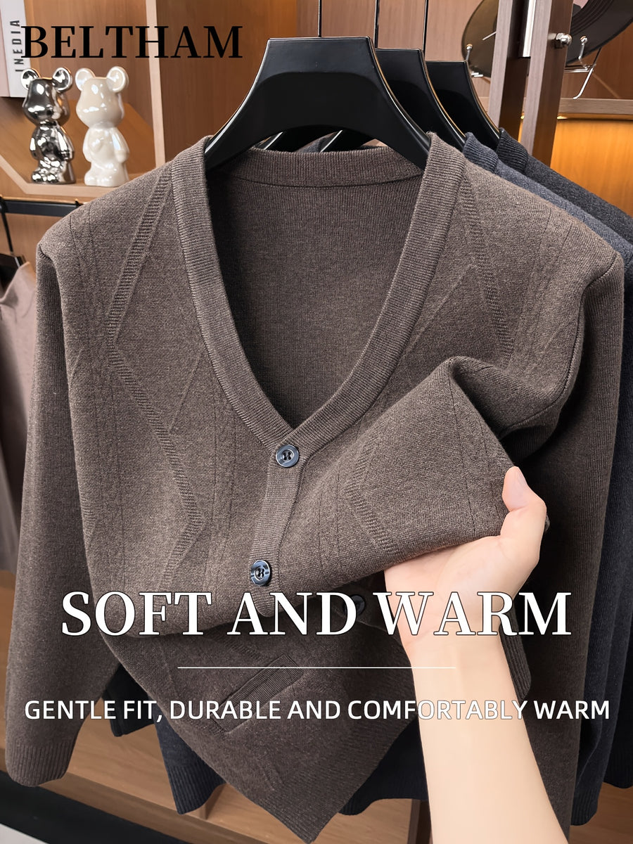Autumn Winter Men Thick Knit Cardigan, Ideal Gift for Dad and Father, Button Design with Pockets, Warm Cold Resistant Soft Comfortable Sweater, Elegant Versatile Top Cardigan Coat for Daily Casual Business Sports Fishing Camping Wear - Deep Camel