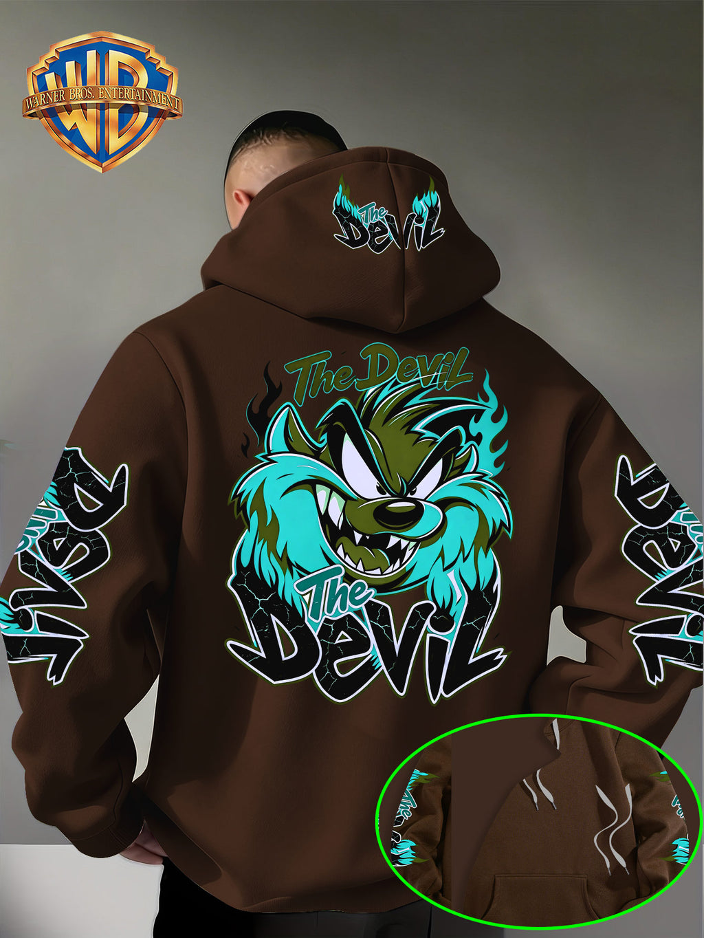Le Yitong Big Mouth Monster The Devil Flame Print Hoodie, with Sleeve Print Design, Kangaroo Pouch And Drawstring Hood, Suitable for Autumn/Winter Casual Wear And Outdoor Activities - Coffee Color