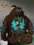 Le Yitong Big Mouth Monster The Devil Flame Print Hoodie, with Sleeve Print Design, Kangaroo Pouch And Drawstring Hood, Suitable for Autumn/Winter Casual Wear And Outdoor Activities - Coffee Color