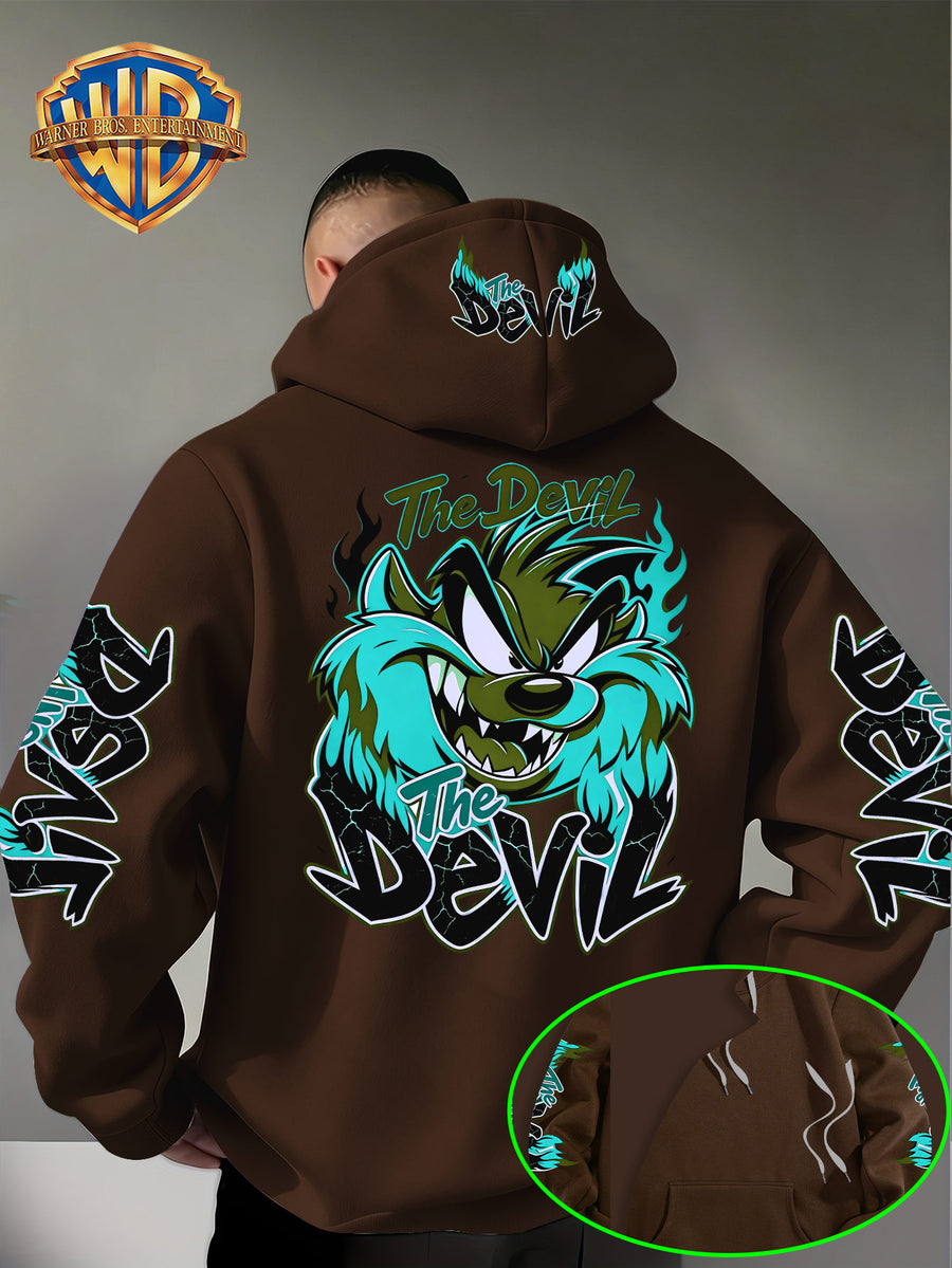 Le Yitong Big Mouth Monster The Devil Flame Print Hoodie, with Sleeve Print Design, Kangaroo Pouch And Drawstring Hood, Suitable for Autumn/Winter Casual Wear And Outdoor Activities - Coffee Color