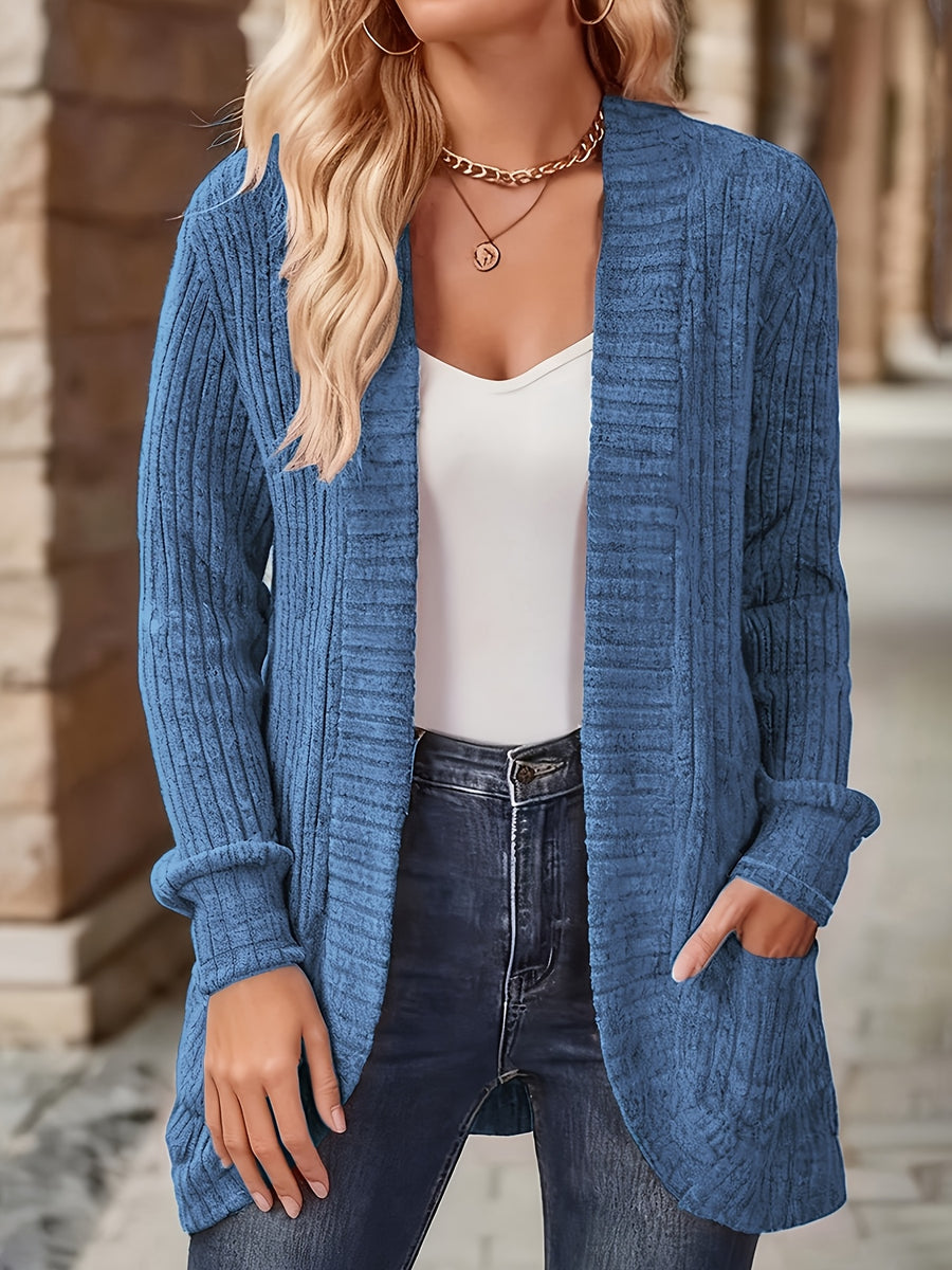 Women's Solid Color Brushed Casual Spliced Long Sleeve Cardigan - Peacock Blue