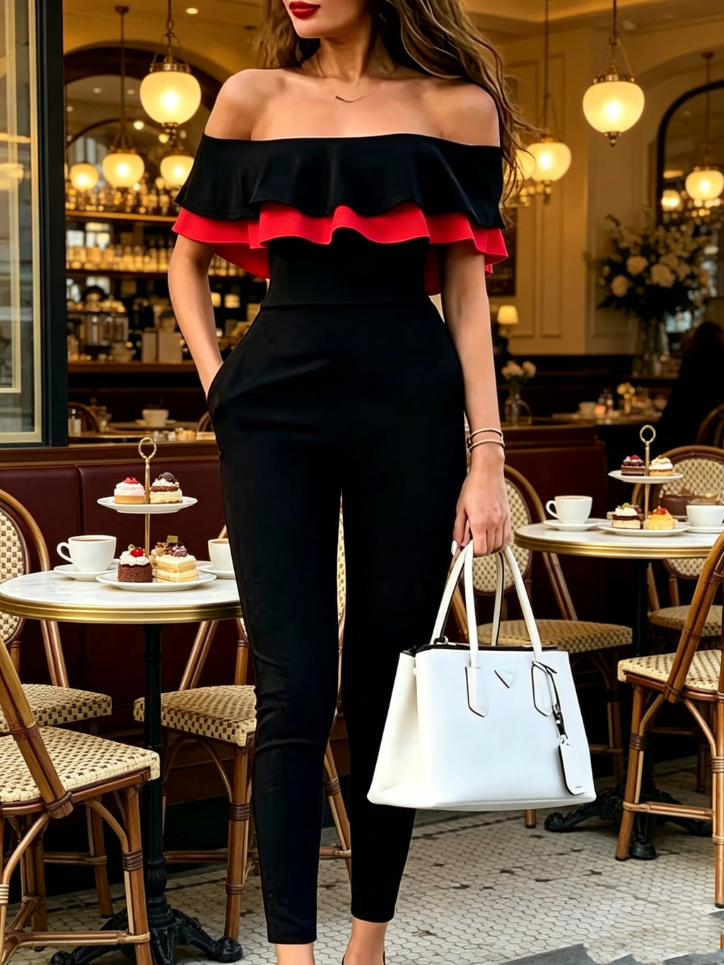 6163 Fashion Color-Block Off-Shoulder Double-Layer Ruffle Jumpsuit. Solid Color/Color Block/Off-Shoulder/Double-Layer Ruffle/No Belt/Side Pockets. Stretchy Comfort Fabric, Machine Washable. Daily Wear/Commute/Gatherings/Parties/Dates/Casual. - Black-2
