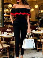 6163 Fashion Color-Block Off-Shoulder Double-Layer Ruffle Jumpsuit. Solid Color/Color Block/Off-Shoulder/Double-Layer Ruffle/No Belt/Side Pockets. Stretchy Comfort Fabric, Machine Washable. Daily Wear/Commute/Gatherings/Parties/Dates/Casual. - Black-2