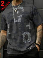 2pcs Men's Short Sleeve T-Shirts, Summer Fashion All-Over Print Short Sleeve Tees, Loose Fit Letter Print Stretch Short Sleeve Sport Tops, Youth Crew Neck Breathable Trendy T-Shirts, Suitable for Daily Wear, College, Street, and Sporty Outfits - 2 pieces - Gray + Black