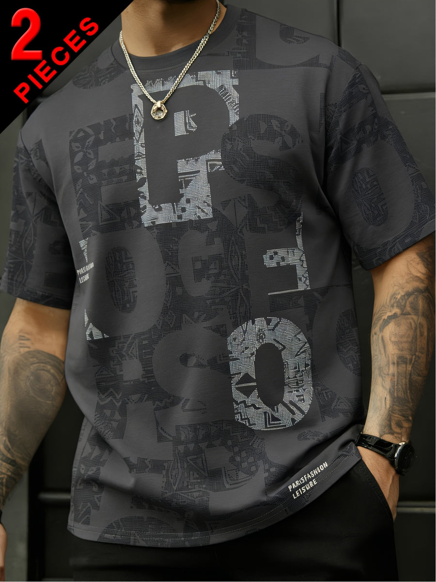 2pcs Men's Short Sleeve T-Shirts, Summer Fashion All-Over Print Short Sleeve Tees, Loose Fit Letter Print Stretch Short Sleeve Sport Tops, Youth Crew Neck Breathable Trendy T-Shirts, Suitable for Daily Wear, College, Street, and Sporty Outfits - 2 pieces - Gray + Black