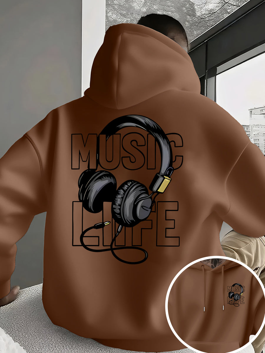 Men's New Trendy Hoodie, Casual Daily Drawstring Hooded Sweatshirt with MUSIC Print, Headphones, Front Kangaroo Pocket, Men's Top - Coffee Color