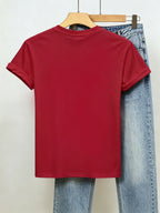 Minimalist Line Bear 'OK' Letter Print T-Shirt, Loose Fit, Casual and Relaxed Vibe, Perfect for Stylish Youthful Daily Street Outfits. - Red