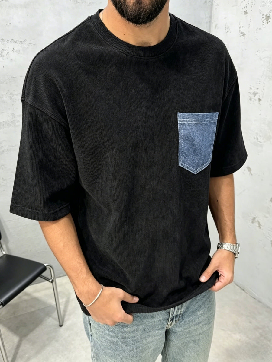 [Shule Water OBM] Summer Men'S Blue Faux Denim Pocket Round Neck Casual T-Shirt - Father'S Day Gift - Black