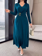 New Autumn Long Sleeve Middle Eastern Style Slim-Fit Sleeveless Waist-Cinching Dress with Metal Buckle Decoration, Long French-Style Light Luxury Commuting and Banquet Dress for Women - Peacock Blue