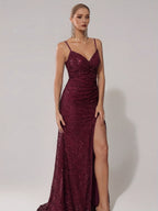 Sparkly Sequin Off-The-Shoulder Camisole Pleated Dress, Elegant Split Thigh Draped Side Slim Evening Dress, for Parties And Banquets, Wedding Nights, Proms, Date Night Dinners, Fashionable Elegant Performance Attire - Burgundy