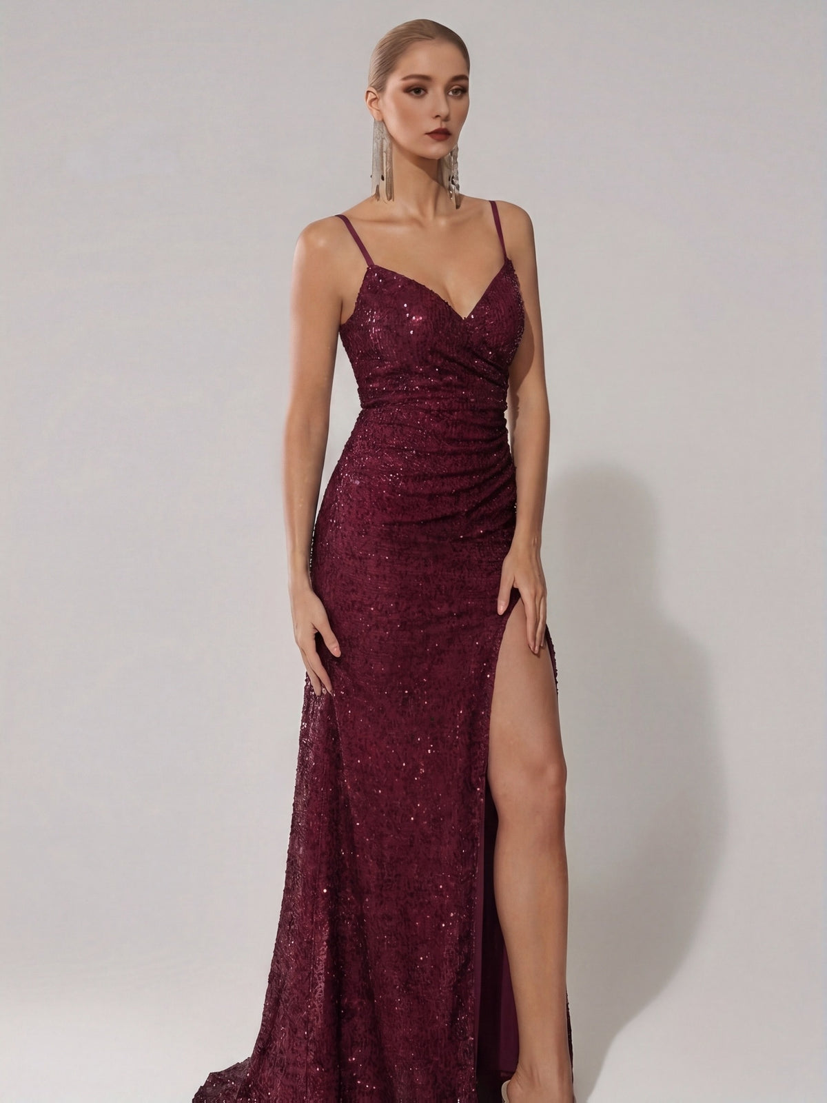 Sparkly Sequin Off-The-Shoulder Camisole Pleated Dress, Elegant Split Thigh Draped Side Slim Evening Dress, for Parties And Banquets, Wedding Nights, Proms, Date Night Dinners, Fashionable Elegant Performance Attire - Burgundy