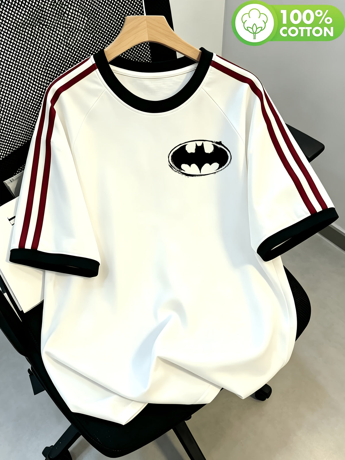 WB. Licensed Batman Logo T-Shirt for Men & Women - 100% Cotton Suitable for Daily Wear & Outdoor Sports, Casual Round Neck Tee with Iconic Batman Print, Machine Washable, Unisex Suitable for, Brand Visibility Design - White