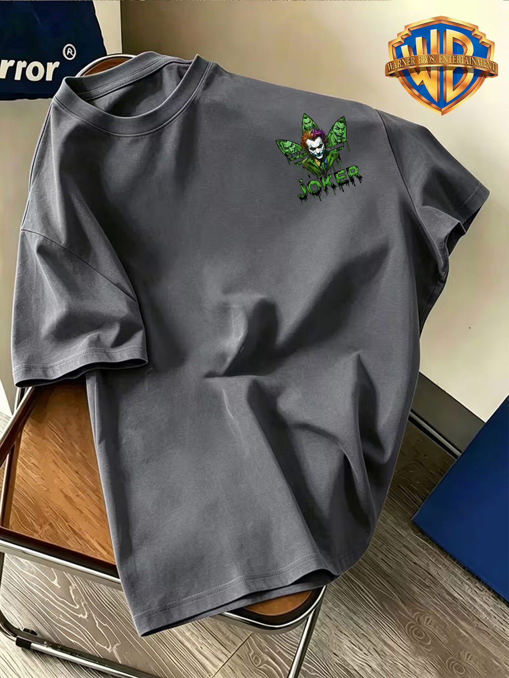 Warner Bros. Official Western Movie Character Trendy Green JOKER Clown Print T-Shirt, American Retro Casual Short Sleeve, Men'S Casual Comfortable Multi-Functional Loose Summer Short Sleeve T-Shirt, Suitable for Outdoor Wear, Gym - Dark Gray
