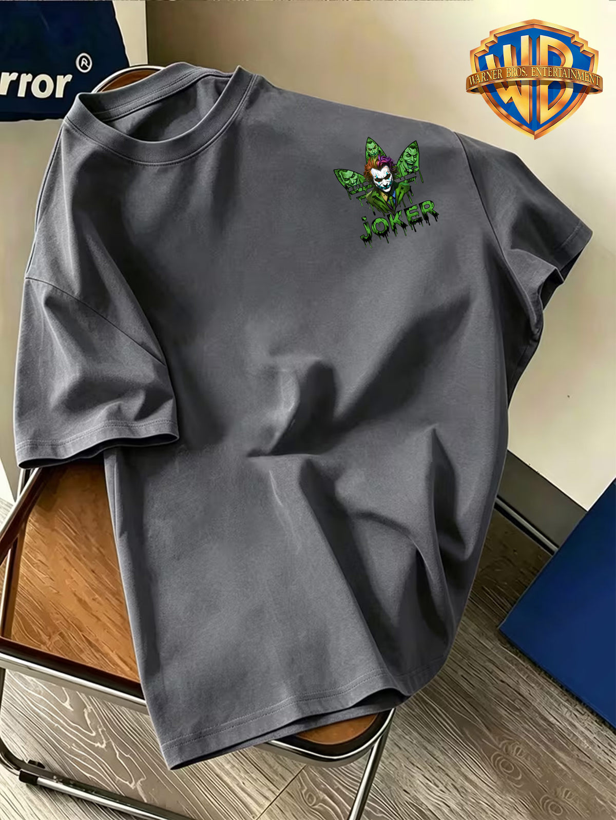 Warner Bros. Official Western Movie Character Trendy Green JOKER Clown Print T-Shirt, American Retro Casual Short Sleeve, Men'S Casual Comfortable Multi-Functional Loose Summer Short Sleeve T-Shirt, Suitable for Outdoor Wear, Gym - Dark Gray