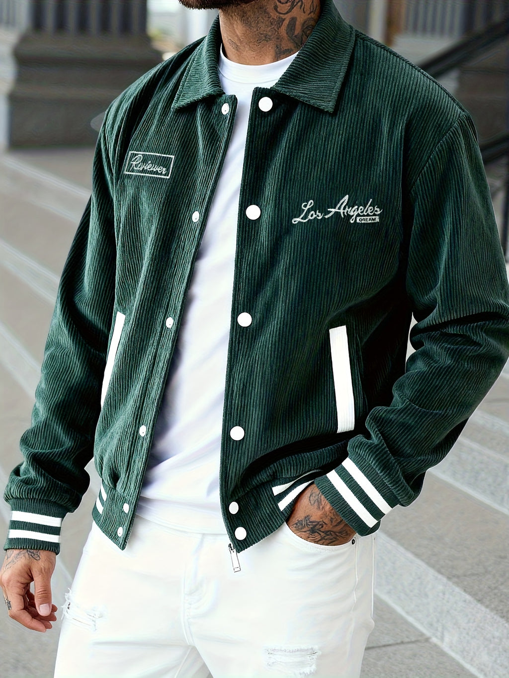 Men'S Fashion Classic Individual Solid Corduroy Contrast Color Ribbed Patchwork Front Panel English Letter Embroidery Craft Lapel Design Suitable for Daily Casual Fashion Easy Commute Outdoor Play Street Trend Autumn Winter New Long Sleeve Shirt - Dark Green