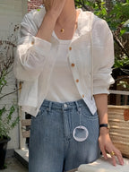 Elegant and Versatile Single-breasted Short Coat, Loose-fitting Vacation Long-sleeve Hooded Shirt for Women - White