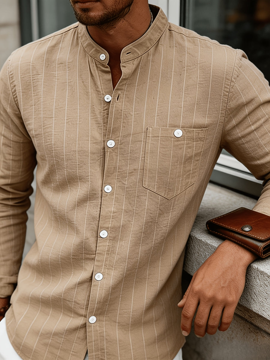 Men's Linen Long-Sleeve Striped Shirt for Spring, Autumn, and Summer, Suitable for Casual, Commuting, and Outings - Khaki