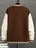 Men'S Trendy Baseball Jacket - LA WEST COAST Pattern - Contrast Sleeve Style - Button Closure And Stretch Fabric All-Season Versatile Comfortable Outerwear - Ideal for Outings, Travel, Friends Gatherings, And Commuting, Loose Fit Machine Washable - Dark Brown