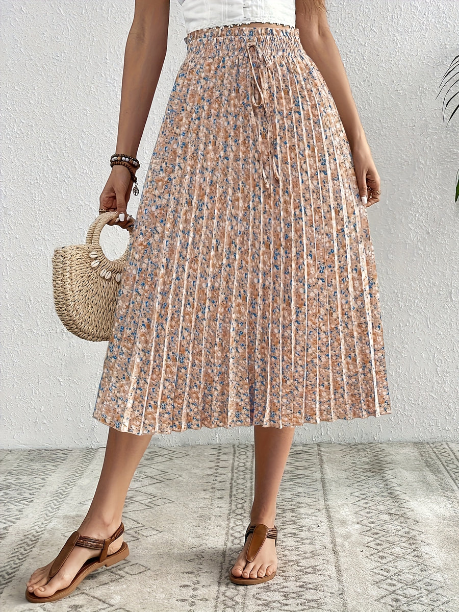 Small Floral Print Front-Tie Pleated Skirt - Mixed colors