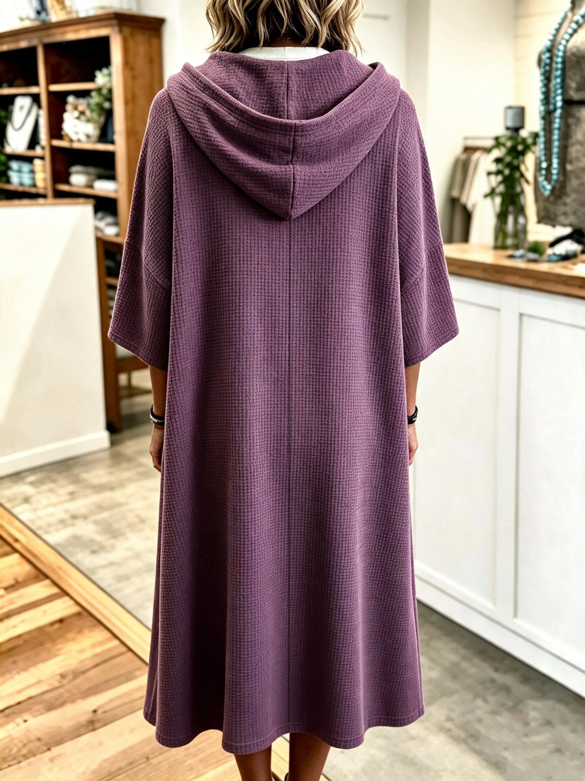 Plus Size - Spring Autumn New Waffle Half-Zip Hooded Sweatshirt Dress Women'S Loose Plus Size Three-Quarter Sleeve Drawstring Pocket Mid-Length Casual Style Solid Color Pullover Dress - Purple