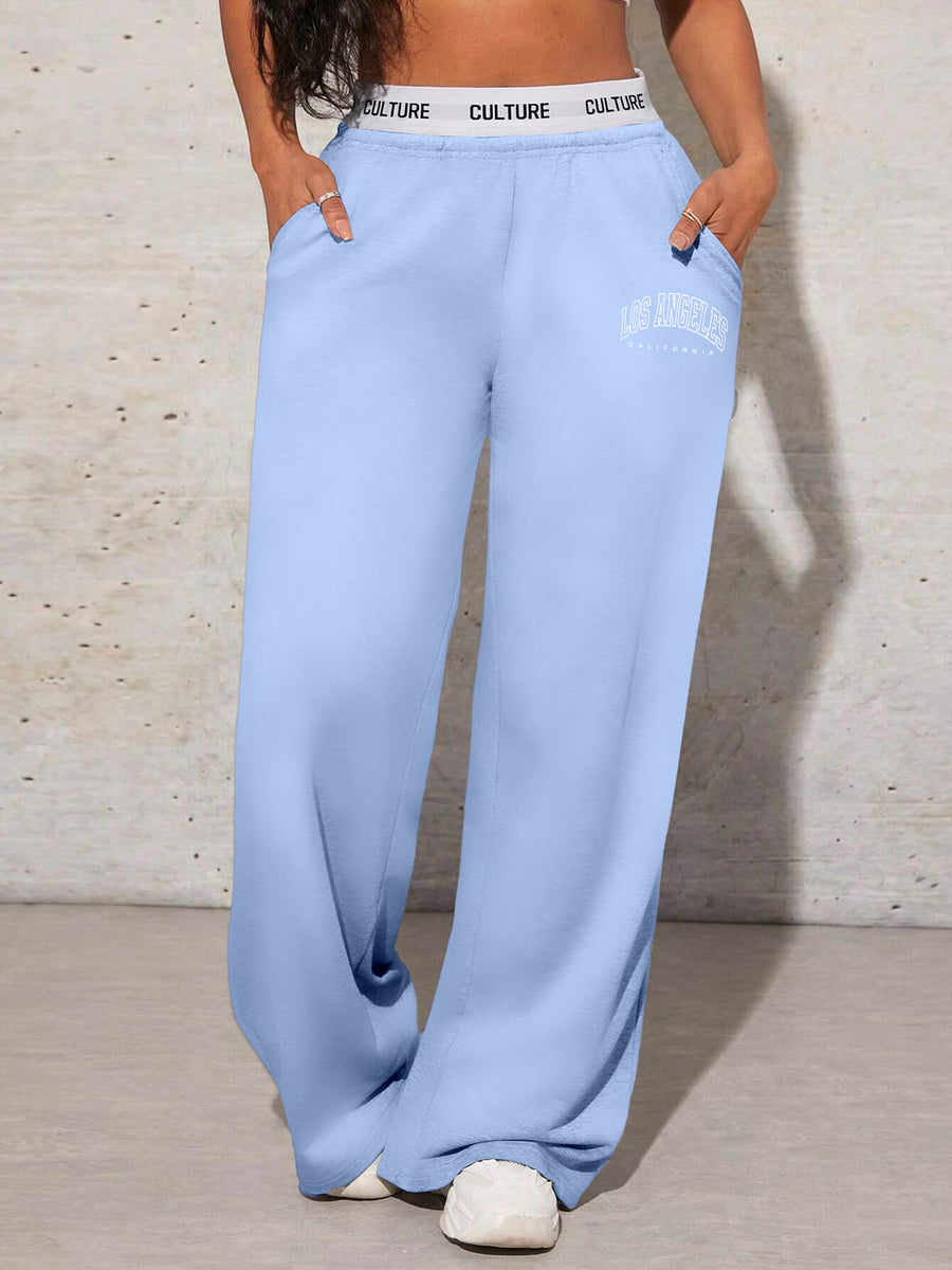 K6 Women's Letter LOS ANGELES Print Loose Wide-Leg Pants with Pockets, Versatile High-Waisted Casual Trousers - Light Blue