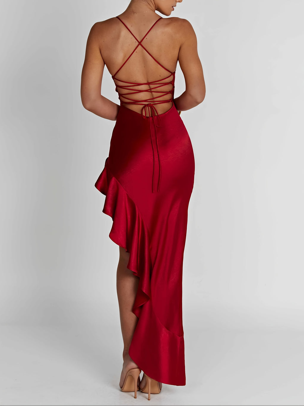 Women's Solid Color Stretch Satin Spaghetti Strap Back-Tie Slit Ruffle Hem Bodycon Dress for High-End Banquets, Cocktail Parties, Weddings, Bridal Gowns, and Guest Evening Attire - Red