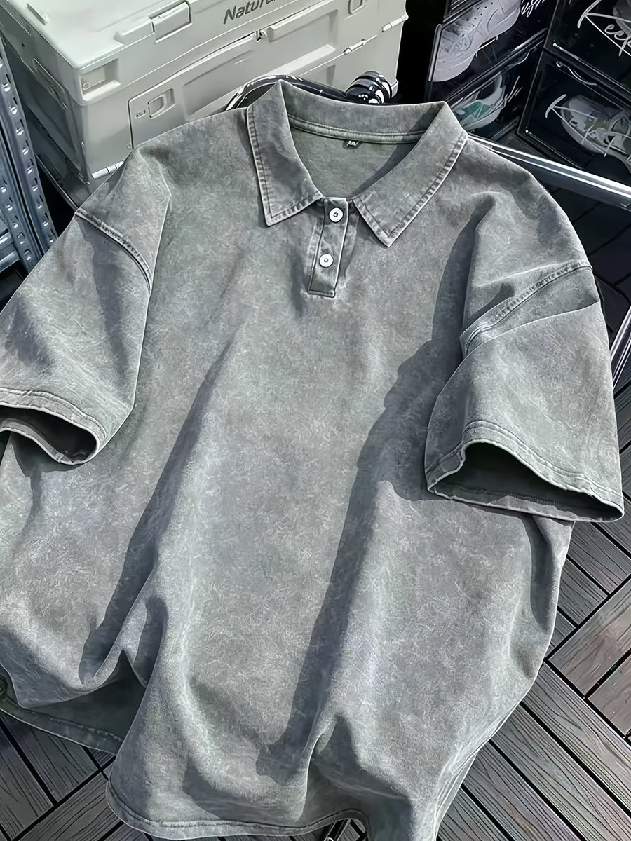 New American Hip-Hop Punk Style Washed Black Short Sleeve Lapel Loose T-Shirt for Men And Women - Retro Distressed Design, Lightweight And Breathable Fabric, Streetwear Trendy Loose Top, Suitable for Casual Wear And Outerwear - Grey