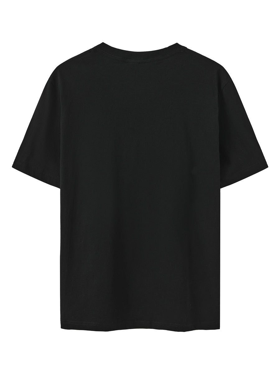 Men's Print Pure Cotton T-Shirt, Summer Fashion Vintage Trendy Casual Breathable Everyday Versatile Crew Neck Short Sleeve Top - Black