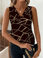 Women's V-neck Black and Golden Geometric Line Print Sleeveless Top - Mixed colors