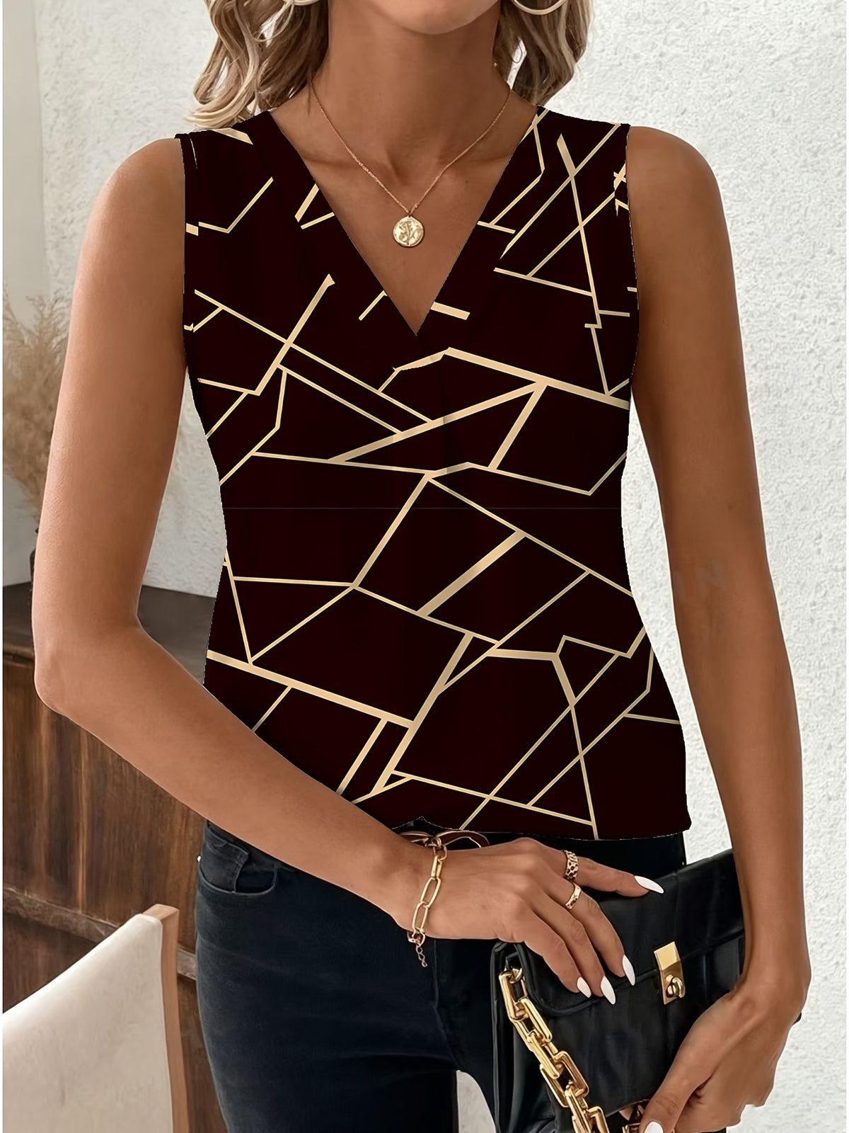 Women's V-neck Black and Golden Geometric Line Print Sleeveless Top - Mixed colors