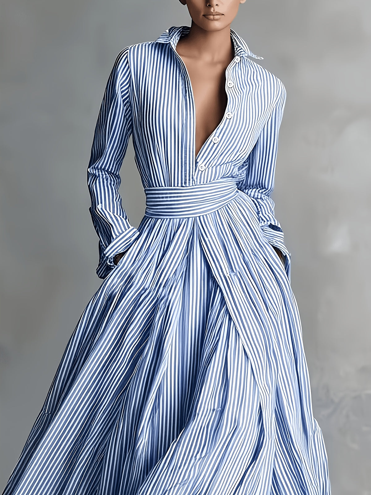 Women'S Thin Stripe Lapel Waist-Cinching Tie-Waist A-Line Maxi Dress, Easy Casual Commute Party Date Versatile Driving, Casual Elegant Bridesmaid Dress - Blue And White