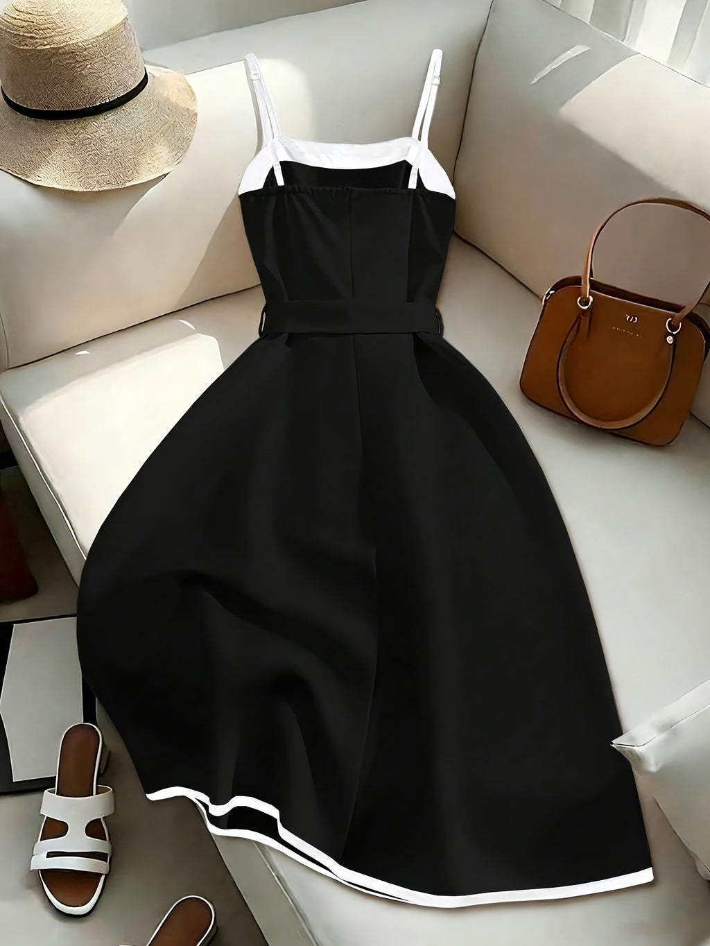 Women's Elegant New Summer Color-Block Camisole Dress with Waist Cinching Design, Bodycon A-Line Midi Dress - Black