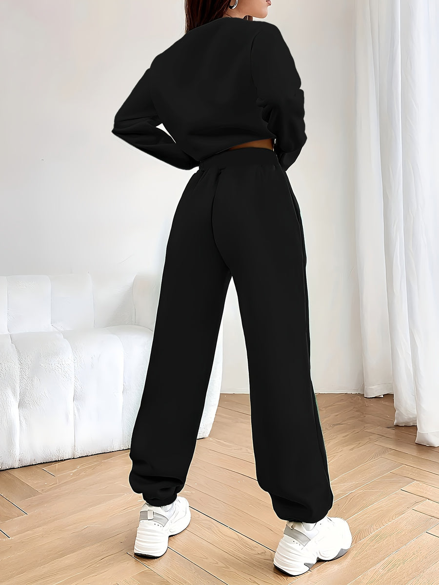 Women's Casual Tracksuit Set, Fashionable Paris Letter Print Long Sleeve Sweatshirt & Joggers Pants Outfit - Black