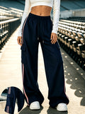 All-Season Contrast High-Waist Casual Women'S Trousers with Pockets, Straight Loose Style, Versatile Cargo Athletic Long Pants - Navy Color