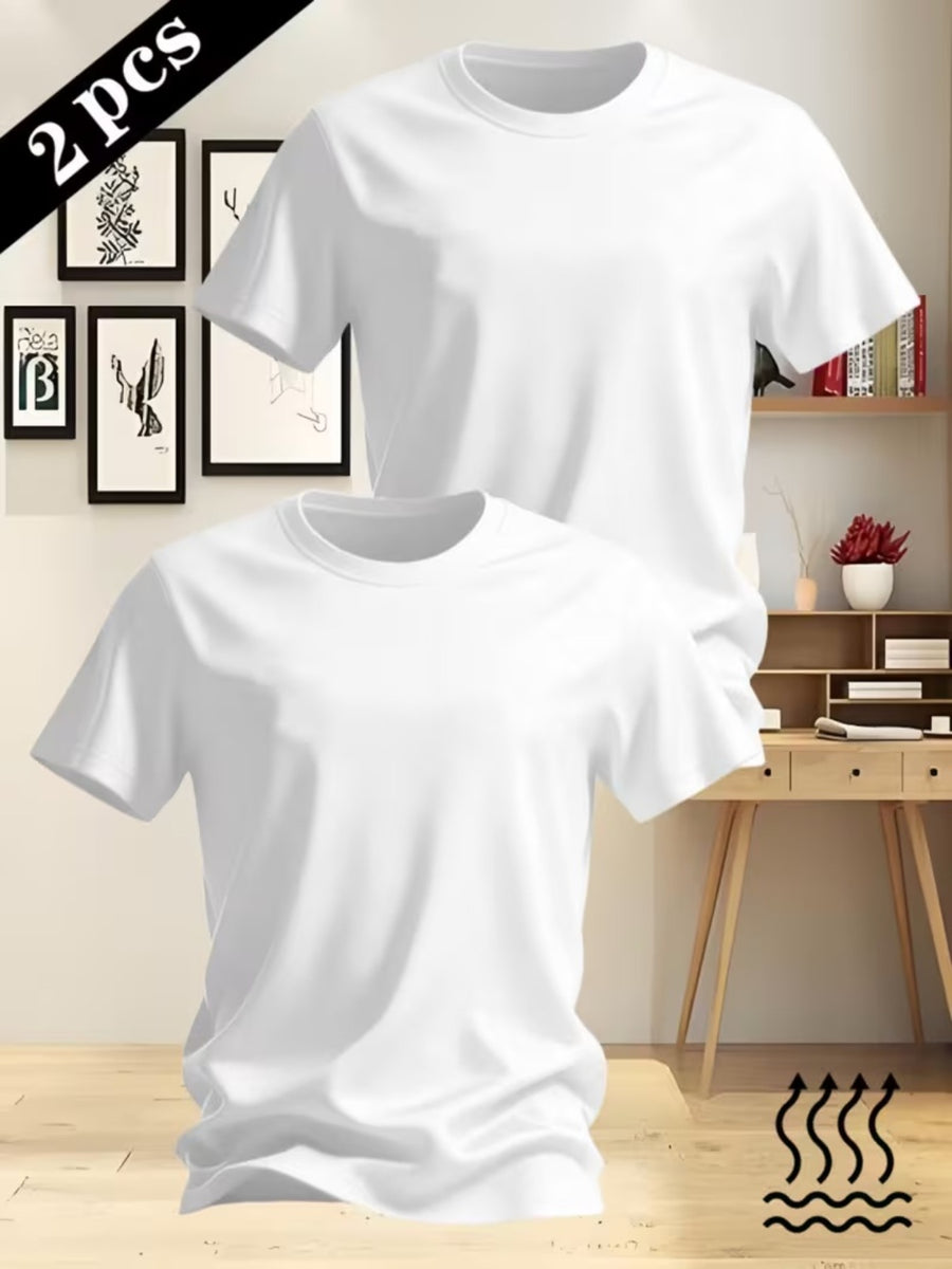 Men's 2pcs Summer Short-Sleeve T-Shirts, Breathable Summer Sport Tops, Fashion Style - White+White