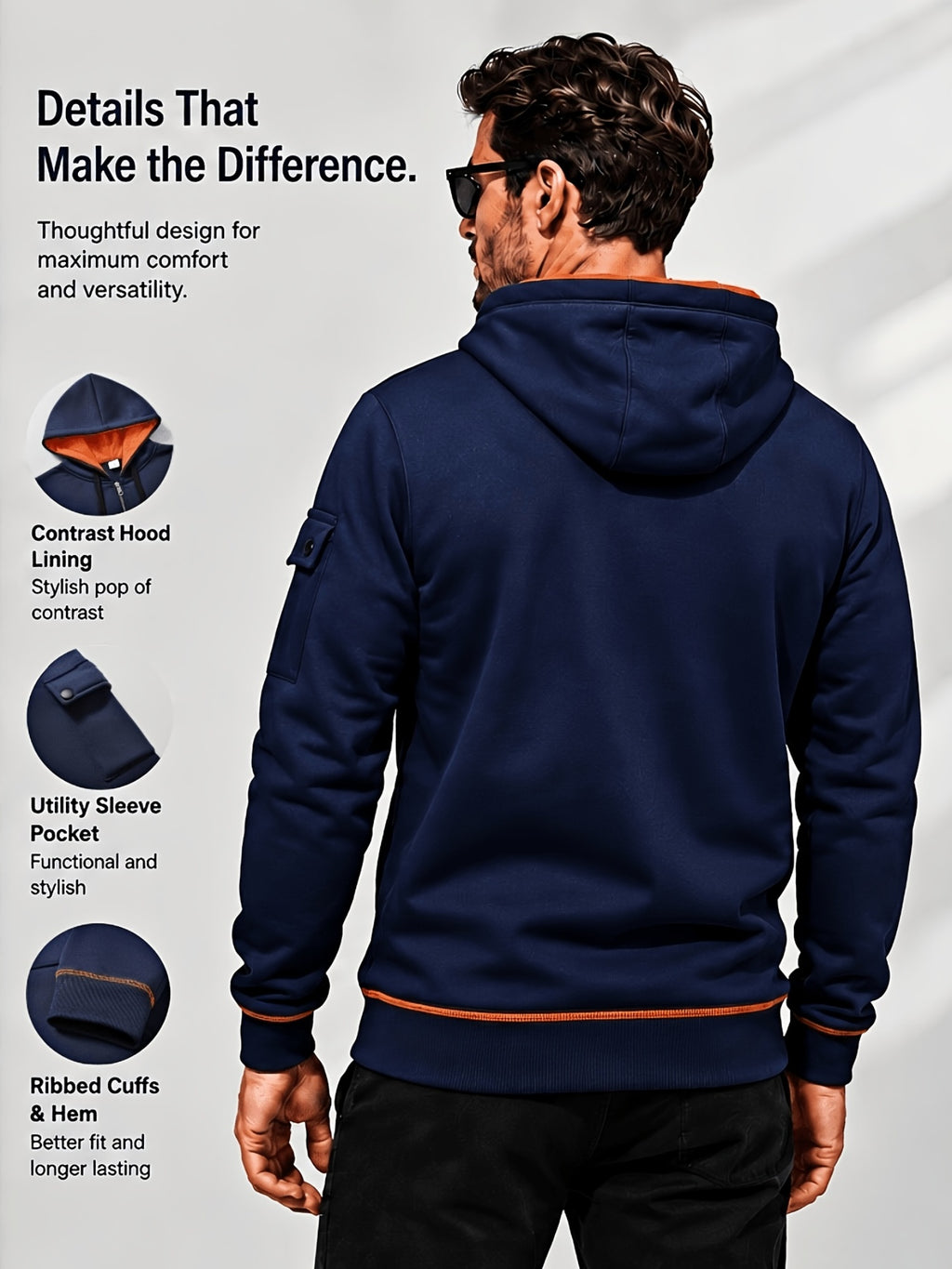 Hoodie, Men'S Fashion Color-Block Zip-Up Hoodie, Multi-Pocket Design Showcasing Individuality, Solid Casual Versatile Hoodie, Autumn/Winter Outerwear - Navy Color