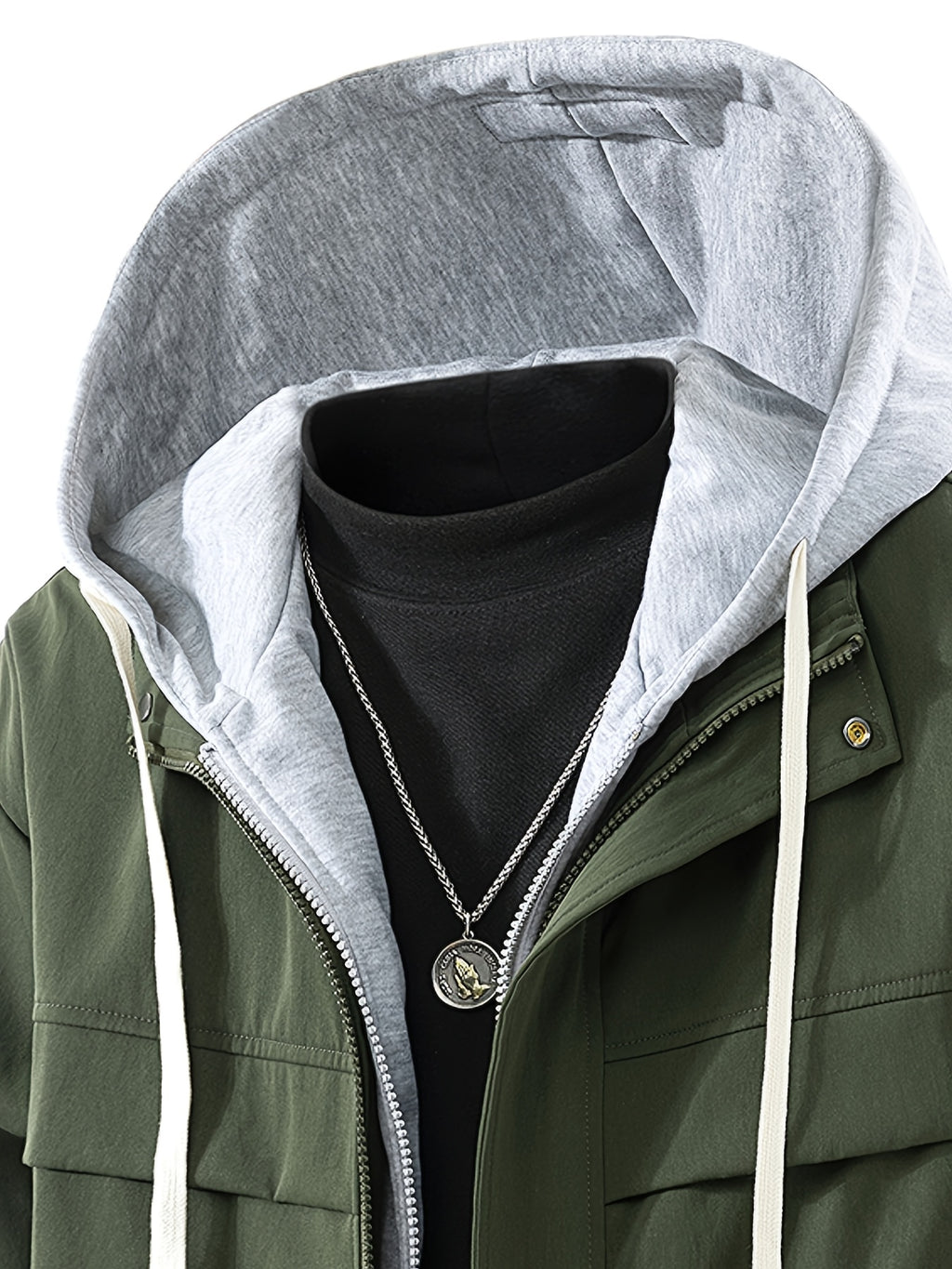 Men's Casual Hooded Jacket, Trendy and Versatile, Suitable for Outdoor and Daily Wear, Faux 2pcs Design, Spring and Autumn Style - Military Green