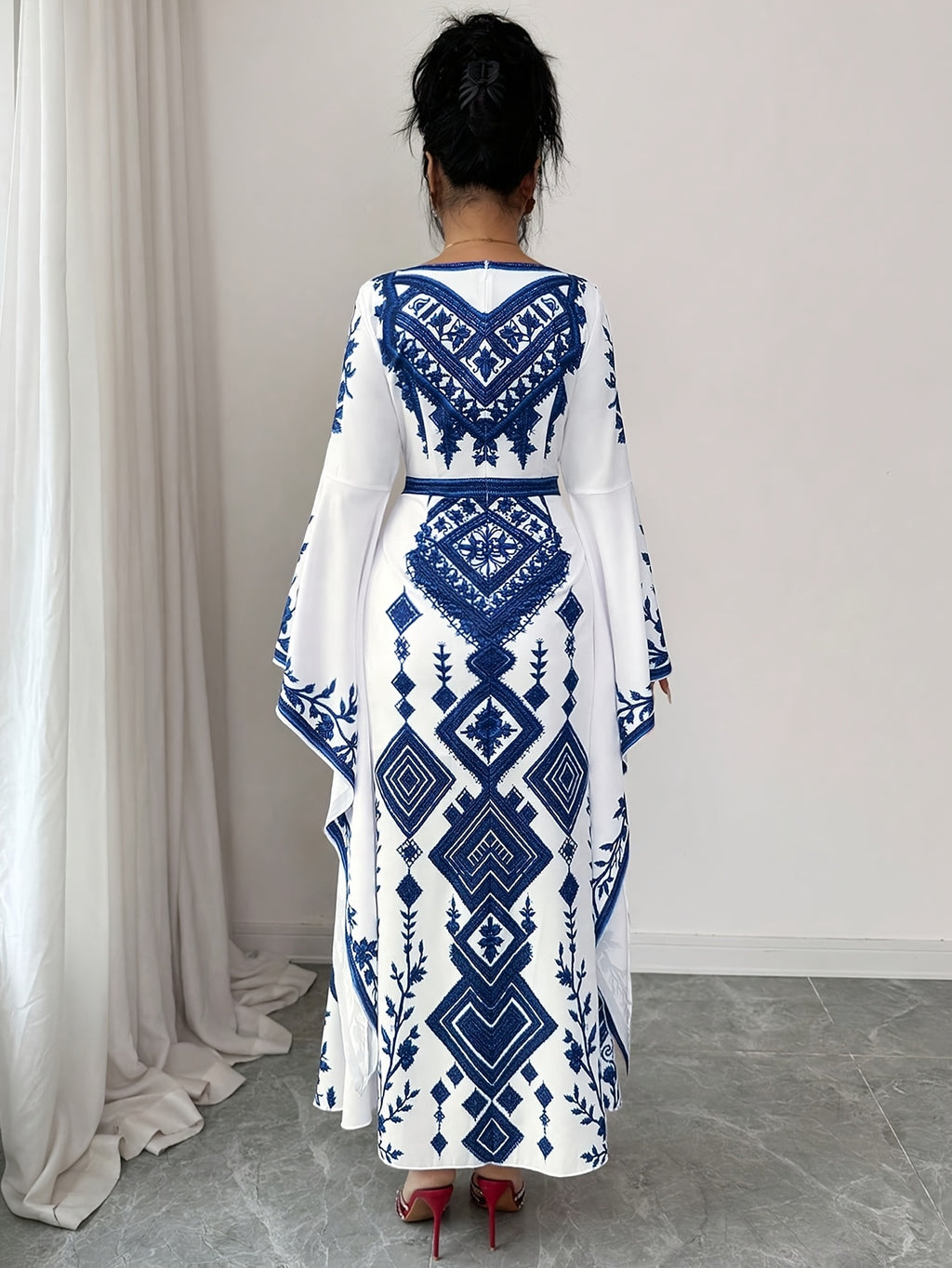 New Women's Fashion, Elegant Contrast Color Print Maxi Dress, Suitable for Dates and Vacations - Blue