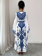 New Women's Fashion, Elegant Contrast Color Print Maxi Dress, Suitable for Dates and Vacations - Blue